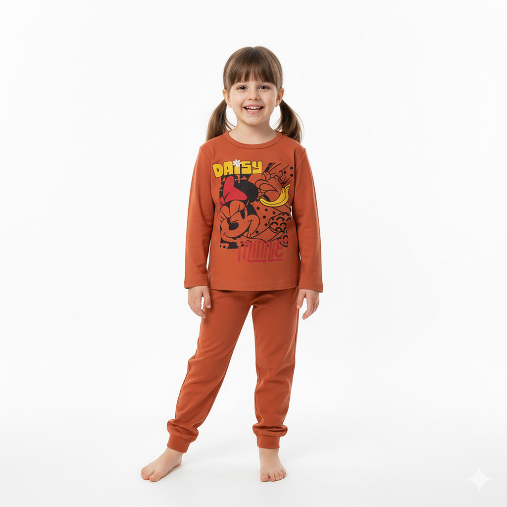 Girls Minnie & Daisy Printed Cotton Suit – Mustard Orange & Light Orange