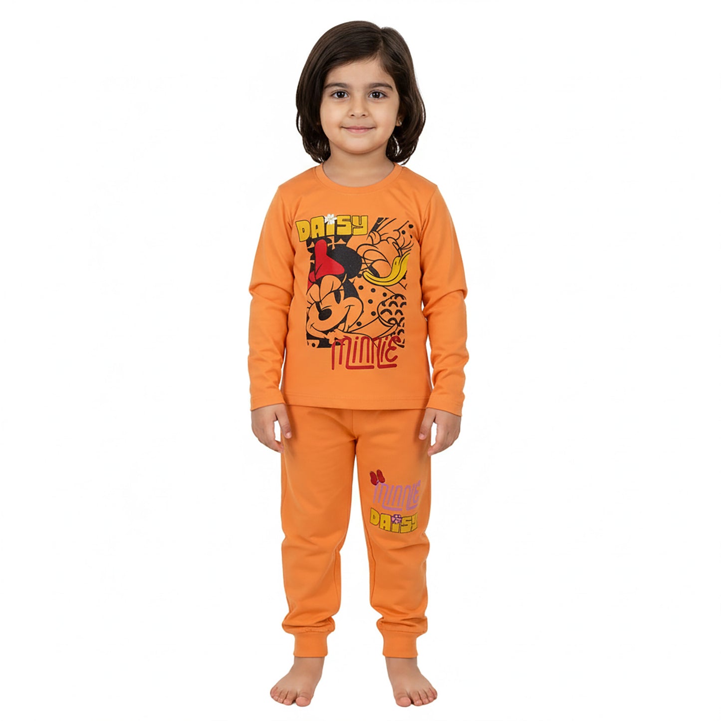 Girls Minnie & Daisy Printed Cotton Suit – Mustard Orange & Light Orange