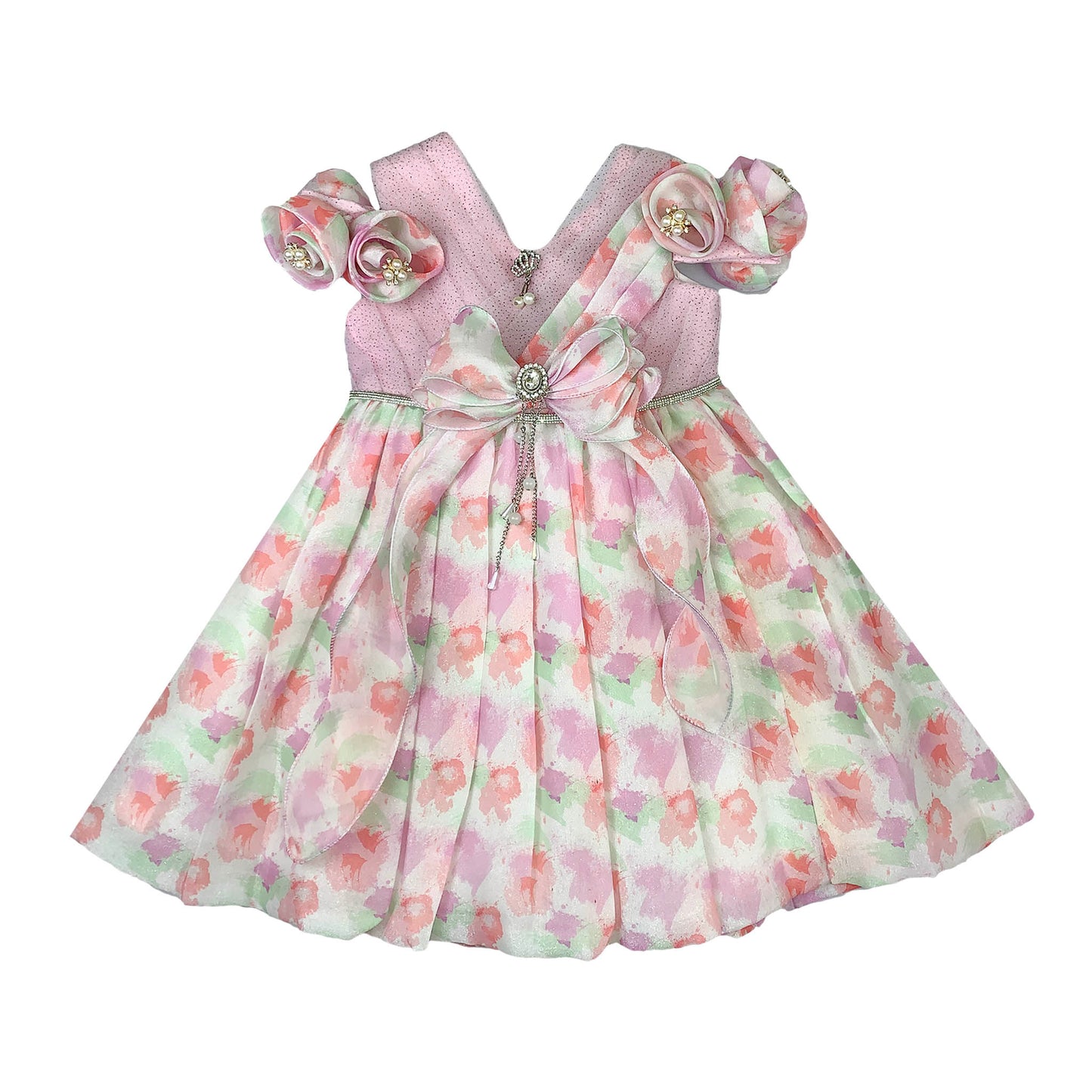 Girls Multicolor Floral Frock with Belt Strips
