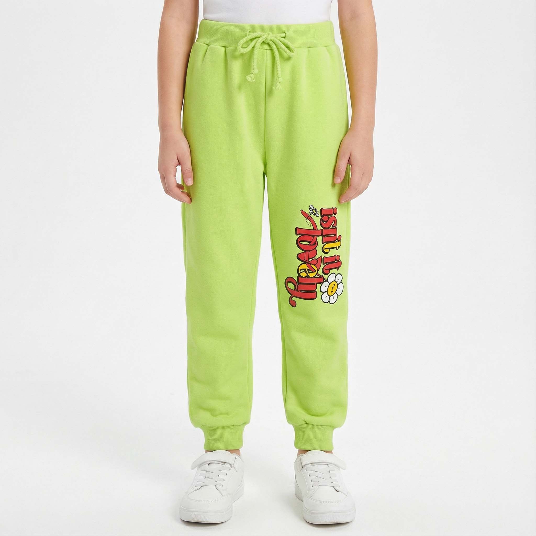 Girls Parrot Green Winter Fleece Trouser with Floral Letter Design