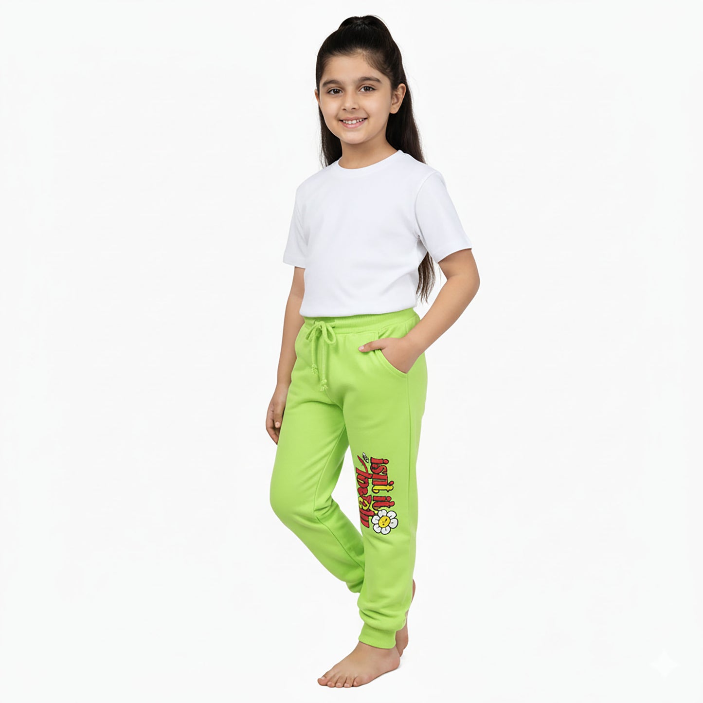 Girls Parrot Green Winter Fleece Trouser with Floral Letter Design