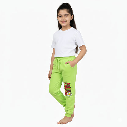 Girls Parrot Green Winter Fleece Trouser with Floral Letter Design