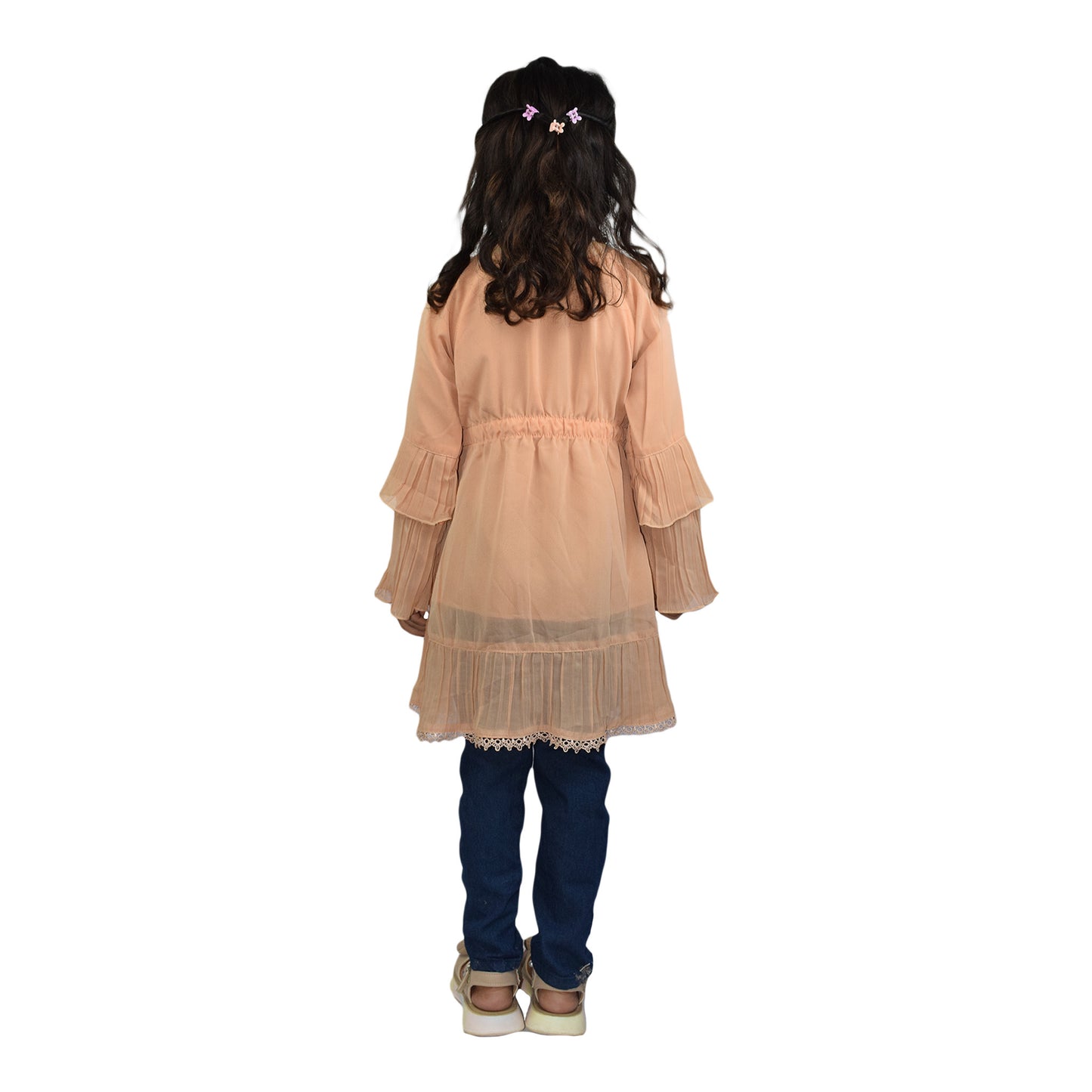 Girls Peach & Green Embroidered Dress Set with Sequin Work and Embroidered Jeans | KidZaar