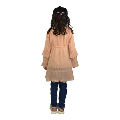 Girls Peach & Green Embroidered Dress Set with Sequin Work and Embroidered Jeans | KidZaar