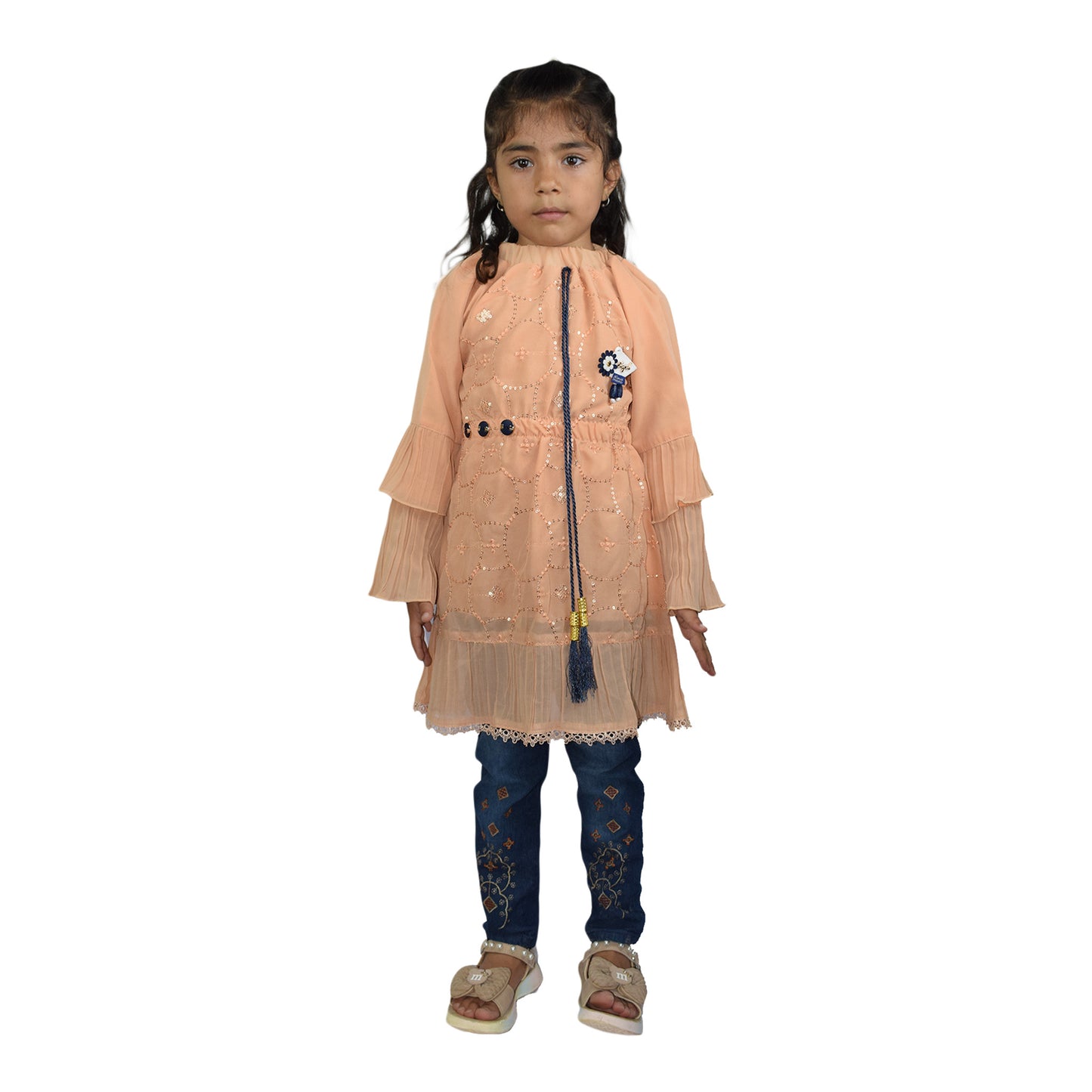 Girls Peach & Green Embroidered Dress Set with Sequin Work and Embroidered Jeans | KidZaar