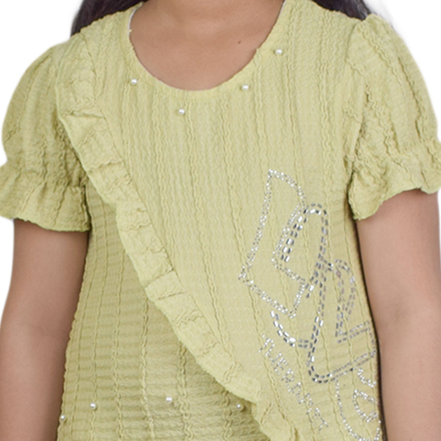 Girls Peach Green & Cream White  Fancy Kurti & Trouser Set  Pearl Embellished Party Wear