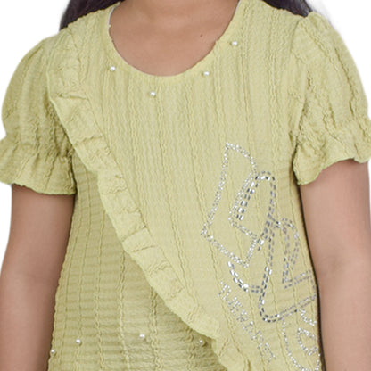 Girls Peach Green & Cream White  Fancy Kurti & Trouser Set  Pearl Embellished Party Wear