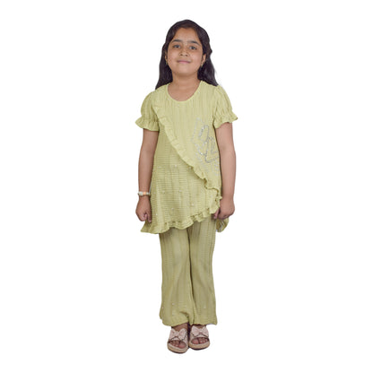 Girls Peach Green & Cream White  Fancy Kurti & Trouser Set  Pearl Embellished Party Wear