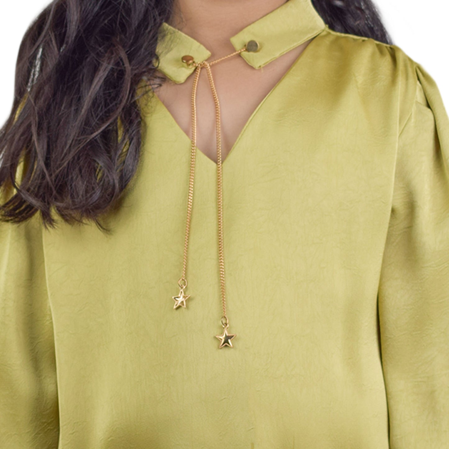 Girls Peach Green Neck-Band Top with Chain Detail | Stylish Casual Wear by Kidzaar