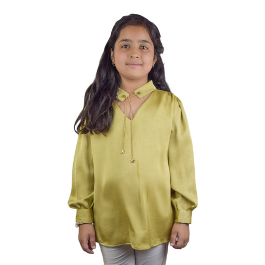 Girls Peach Green Neck-Band Top with Chain Detail | Stylish Casual Wear by Kidzaar