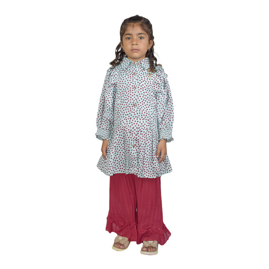 Girls Polka Dot Frock Style Top with Frill Bottom Trouser – Available in Pink & Ferozi | KidZaar