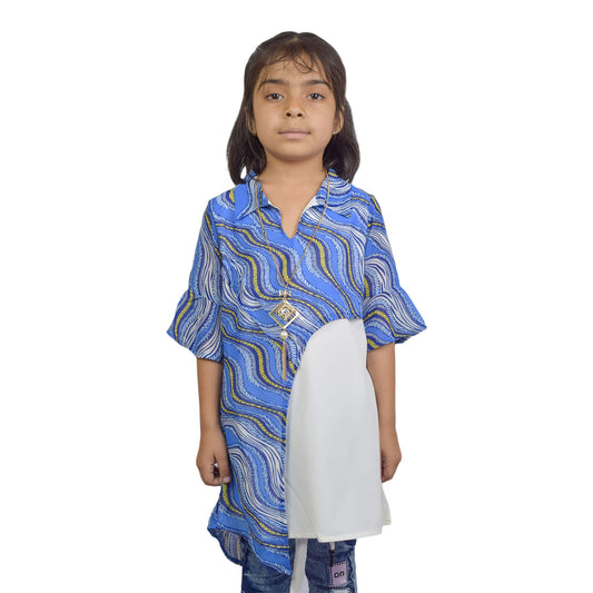 Girls Printed Asymmetrical Top | Blue & Red Stylish Casual Wear by Kidzaar