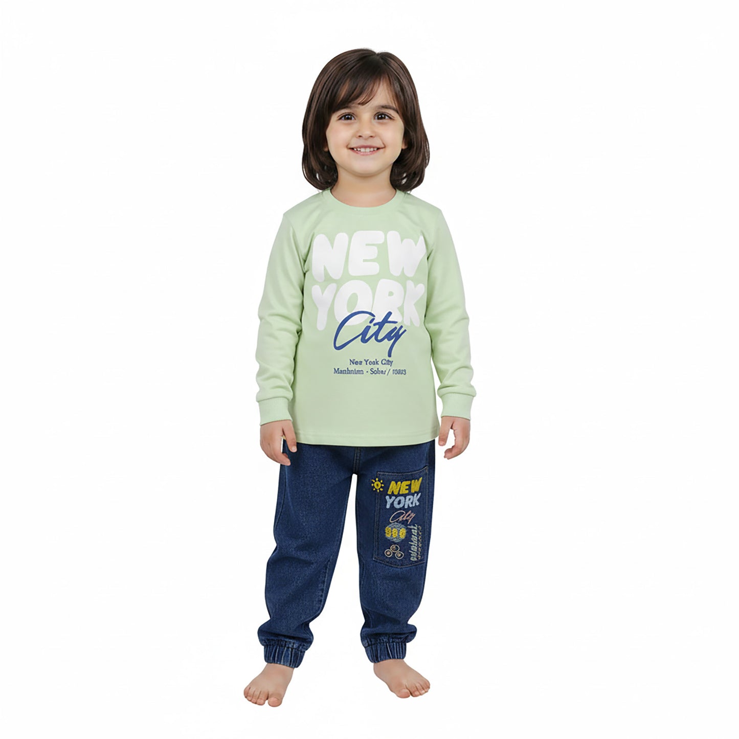 Girls Printed Shirt & Embroidered Denim Jeans Set| Light Green & Yellow
