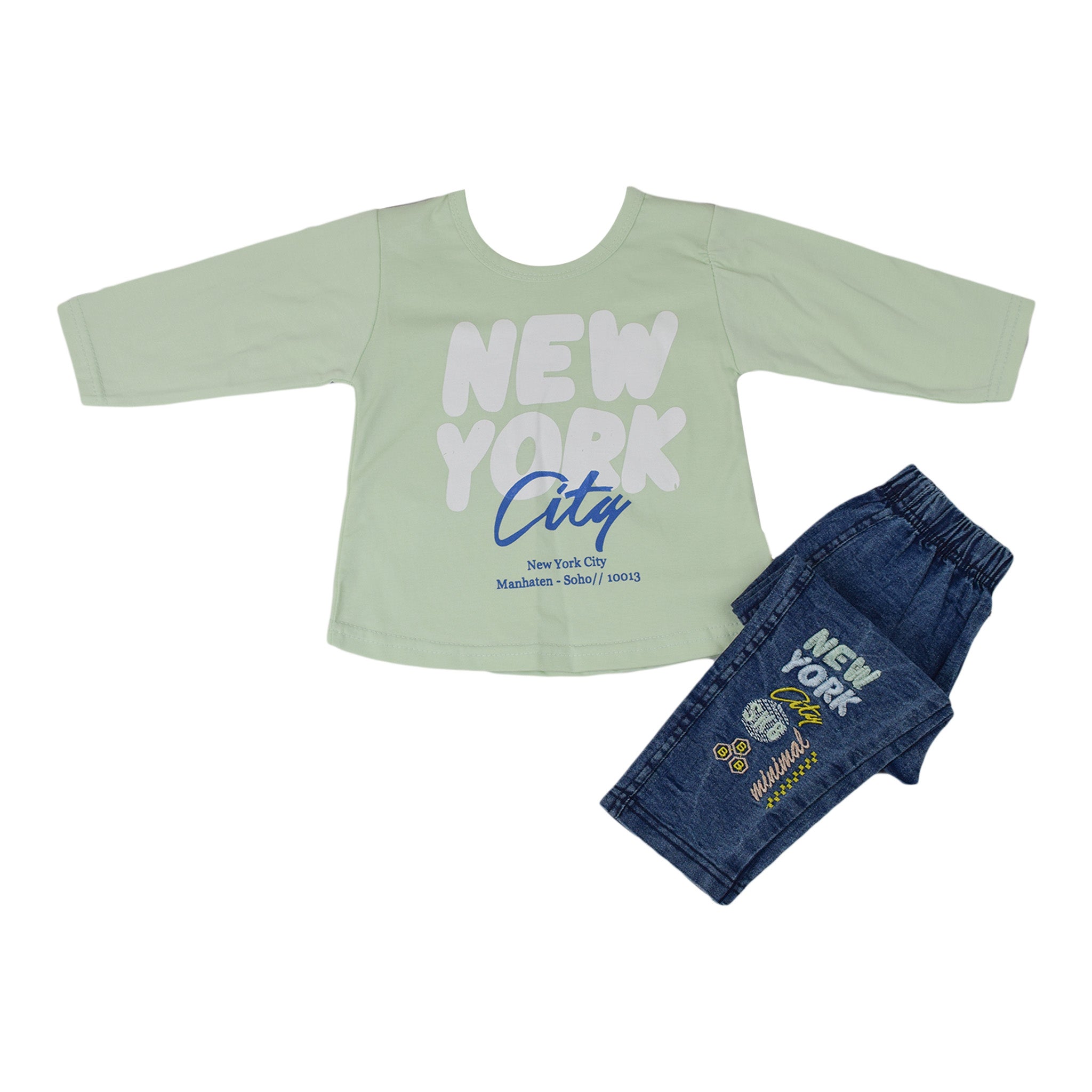 Girls Printed Shirt & Embroidered Denim Jeans Set| Light Green & Yellow
