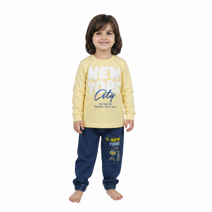 Girls Printed Shirt & Embroidered Denim Jeans Set| Light Green & Yellow