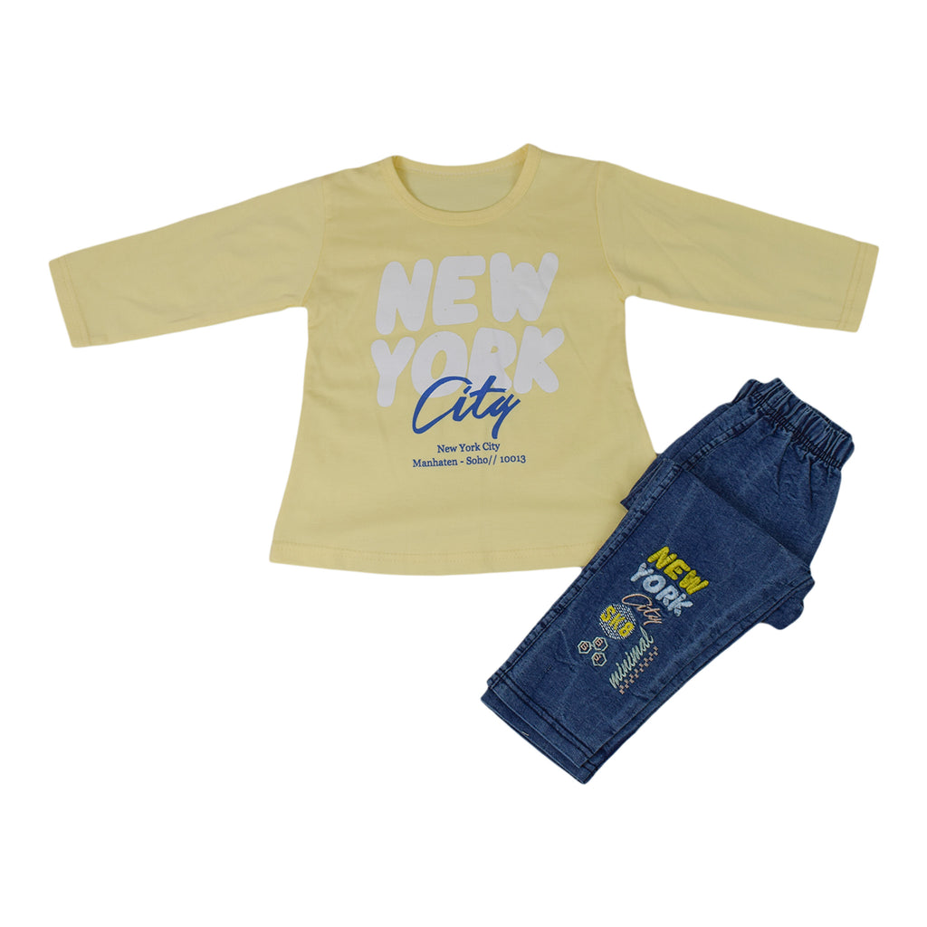 Girls Printed Shirt & Embroidered Denim Jeans Set| Light Green & Yellow