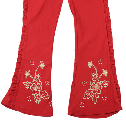 Girls Red Embroidered Trouser with Frill Sides – Stylish Cotton Bottoms Girls