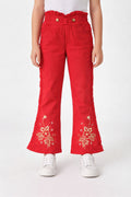 Girls Red Embroidered Trouser with Frill Sides – Stylish Cotton Bottoms Girls