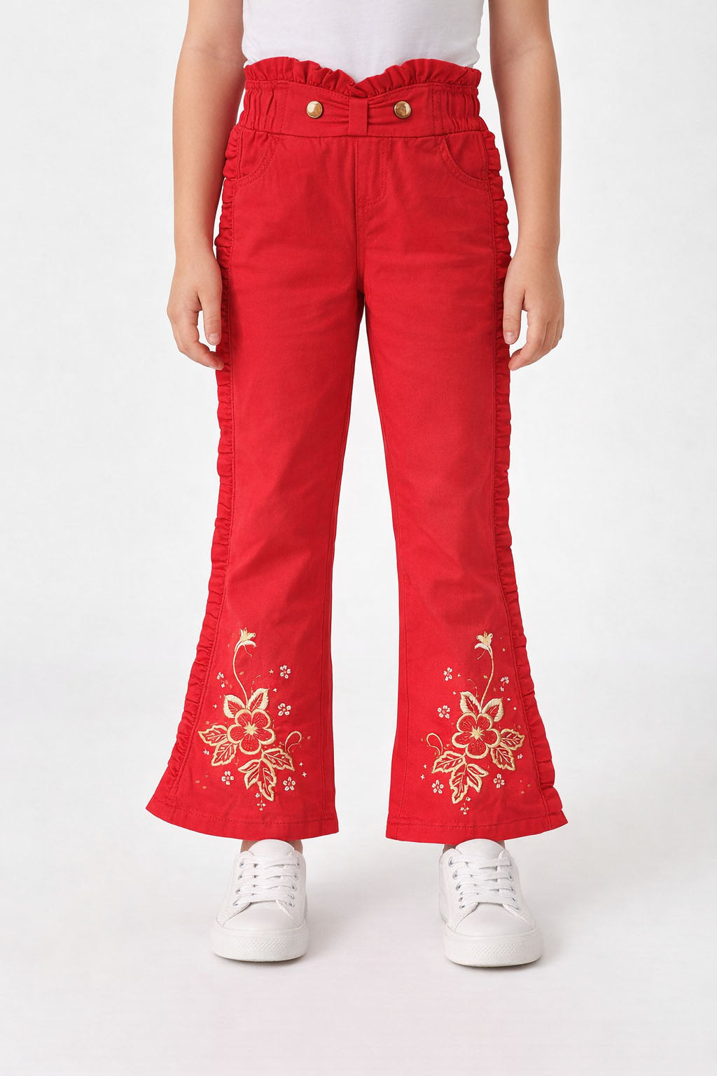 Girls Red Embroidered Trouser with Frill Sides – Stylish Cotton Bottoms Girls