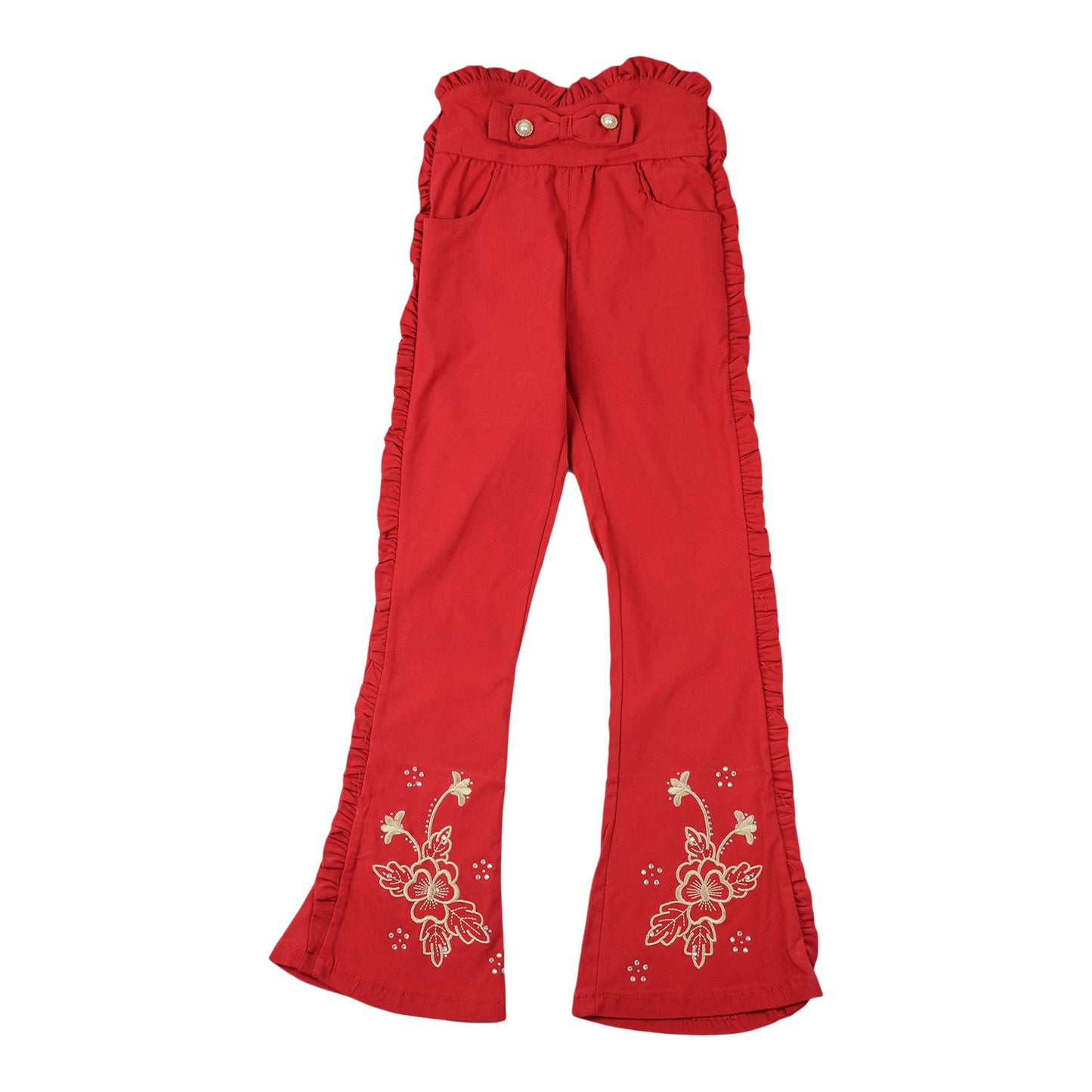 Girls Red Embroidered Trouser with Frill Sides – Stylish Cotton Bottoms Girls