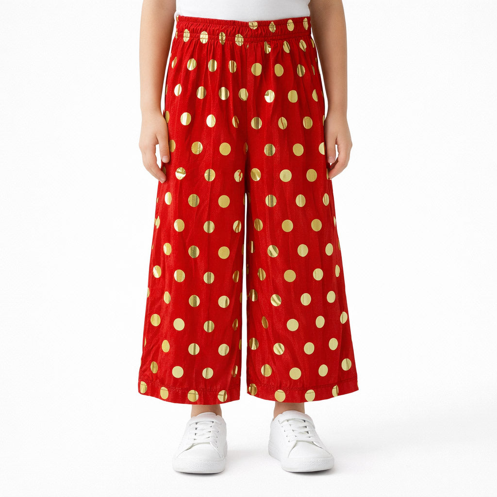 Girls Festive Red Palazzo | Golden Polka Dot Design