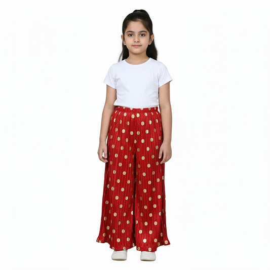 Girls Festive Red Palazzo | Golden Polka Dot Design