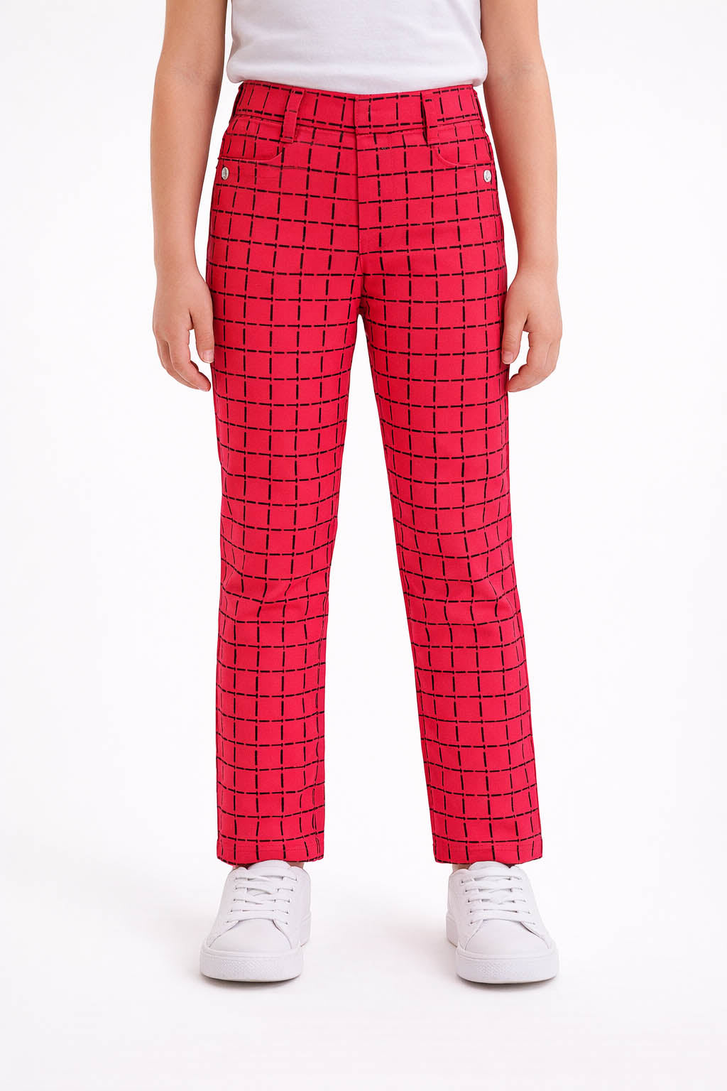 Girls Red Printed Trousers: Check & Rings Design Cotton Bottoms