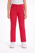 Girls Red Printed Trousers: Check & Rings Design Cotton Bottoms