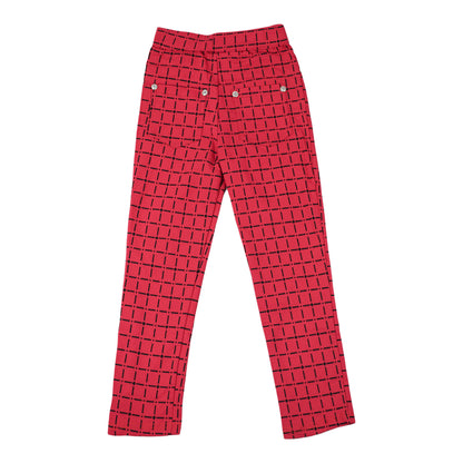 Girls Red Printed Trousers: Check & Rings Design Cotton Bottoms
