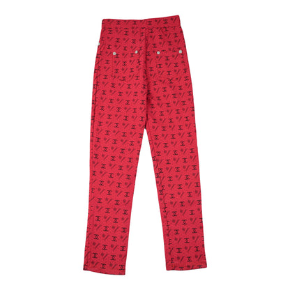 Girls Red Printed Trousers: Check & Rings Design Cotton Bottoms