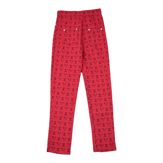 Girls Red Printed Trousers: Check & Rings Design Cotton Bottoms