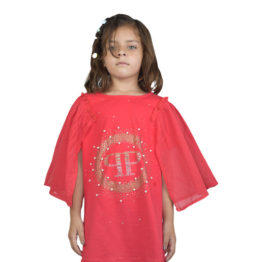 Girls Red Stylish T-Shirt with Sparkling Pearl & Stone Detailing