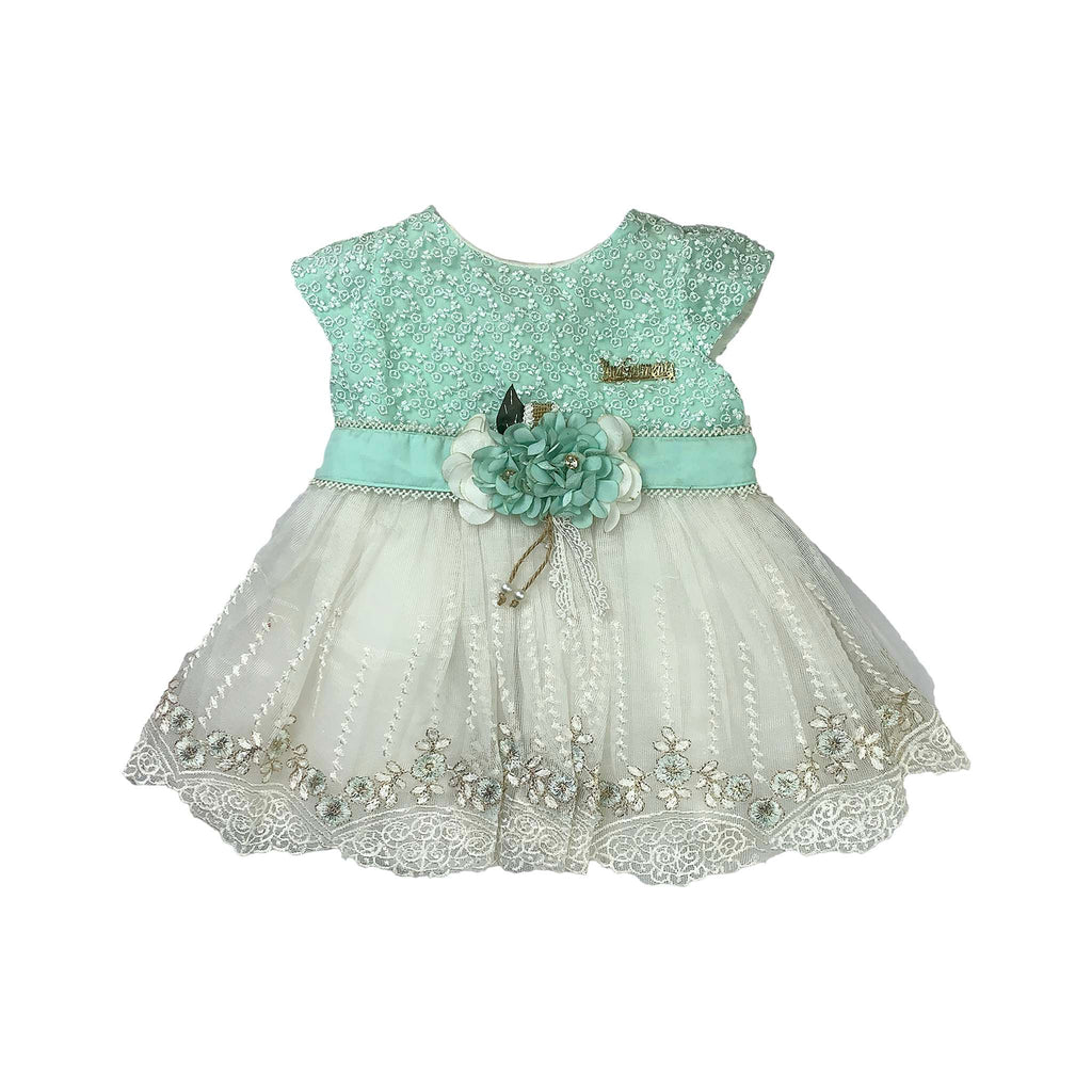 Girls Sea Green & White Net Frock with Chest Belt Flower