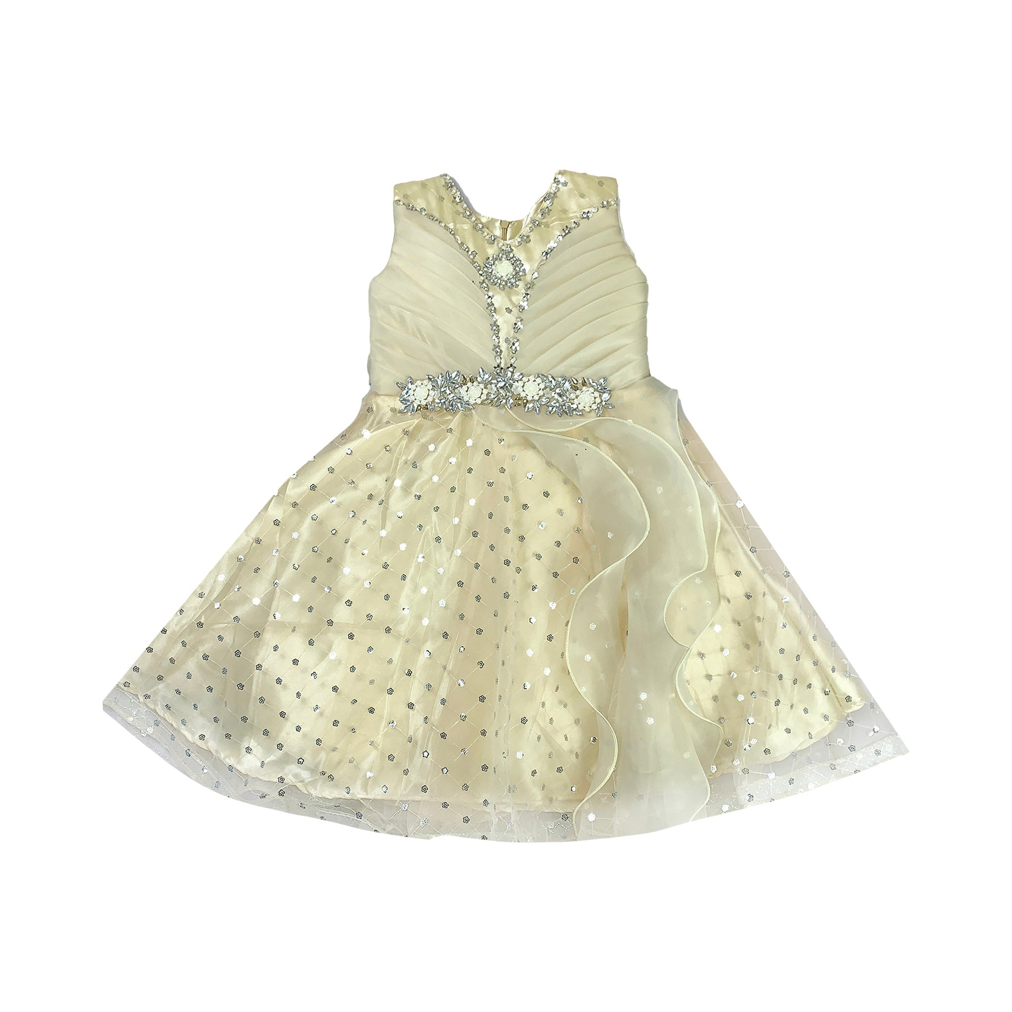 Girls Silk Frock in Pastel Cream with Soft Net Layers & Sequin Flowers