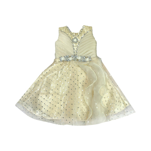 Girls Silk Frock in Pastel Cream with Soft Net Layers & Sequin Flowers