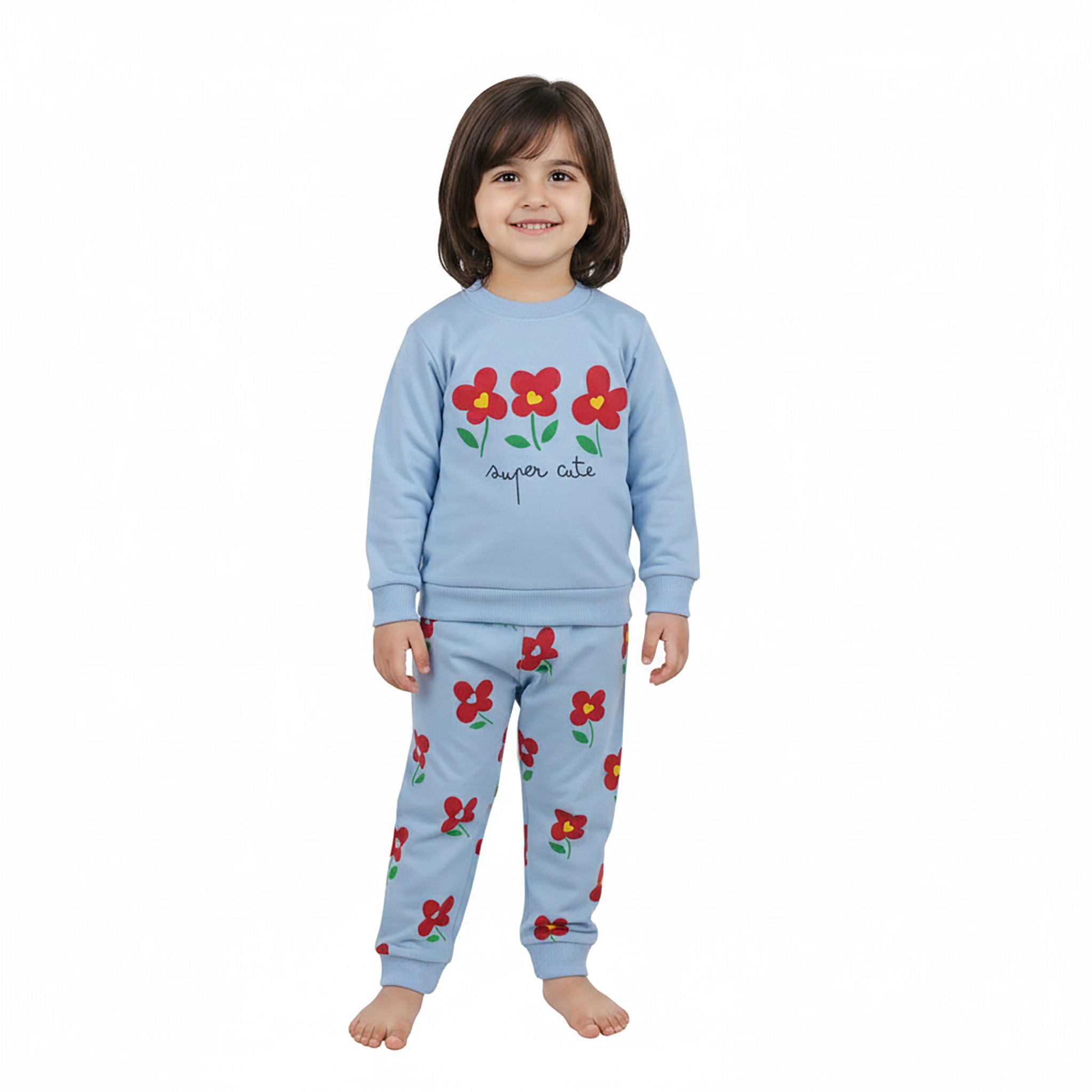 Girls Sky Blue Floral  Set – Cute & Comfortable Top and Bottom for Kids