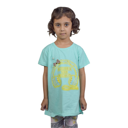 Girls Sky Blue T-Shirt with Pearl Headphone Design