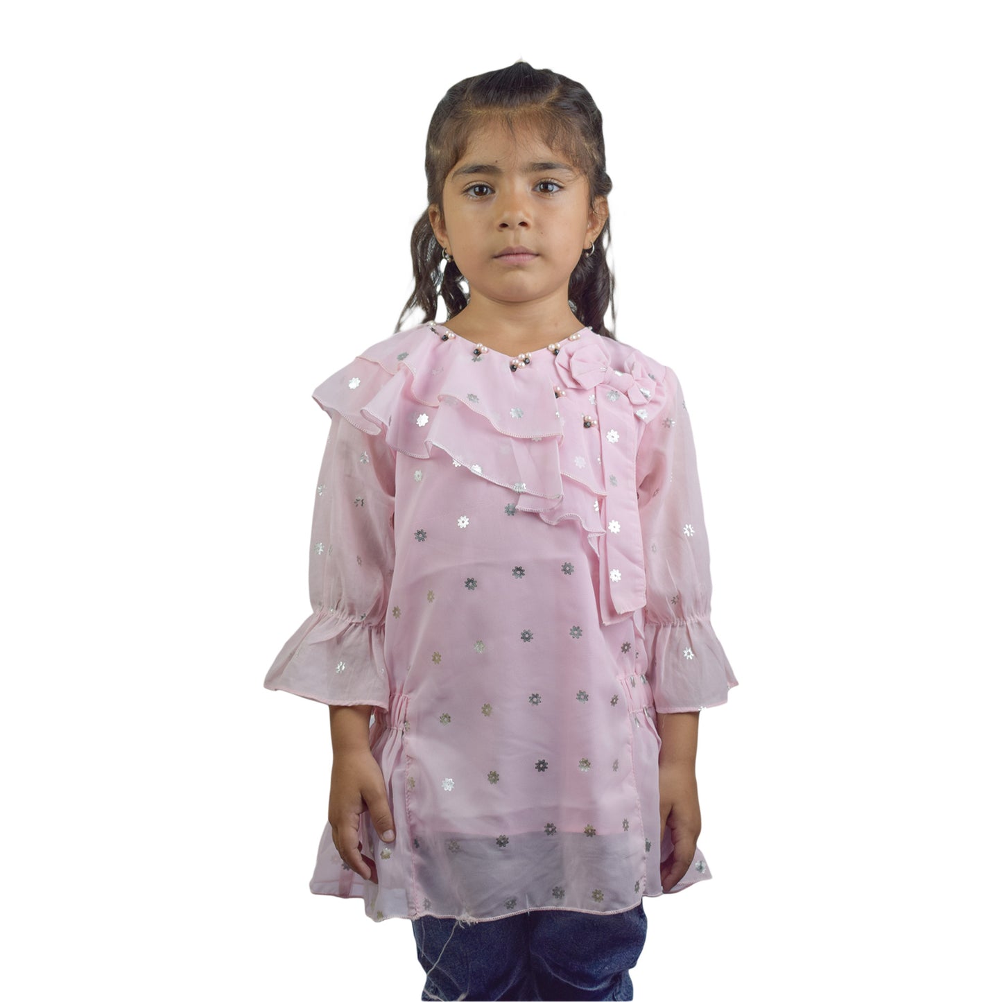 Girls Western Frocks Set with Star Sequin & Embroidered Blue Jeans