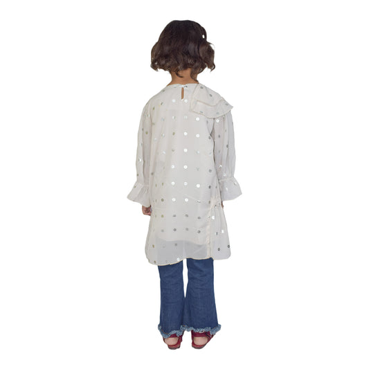 Girls Western Frocks Set with Star Sequin & Embroidered Blue Jeans
