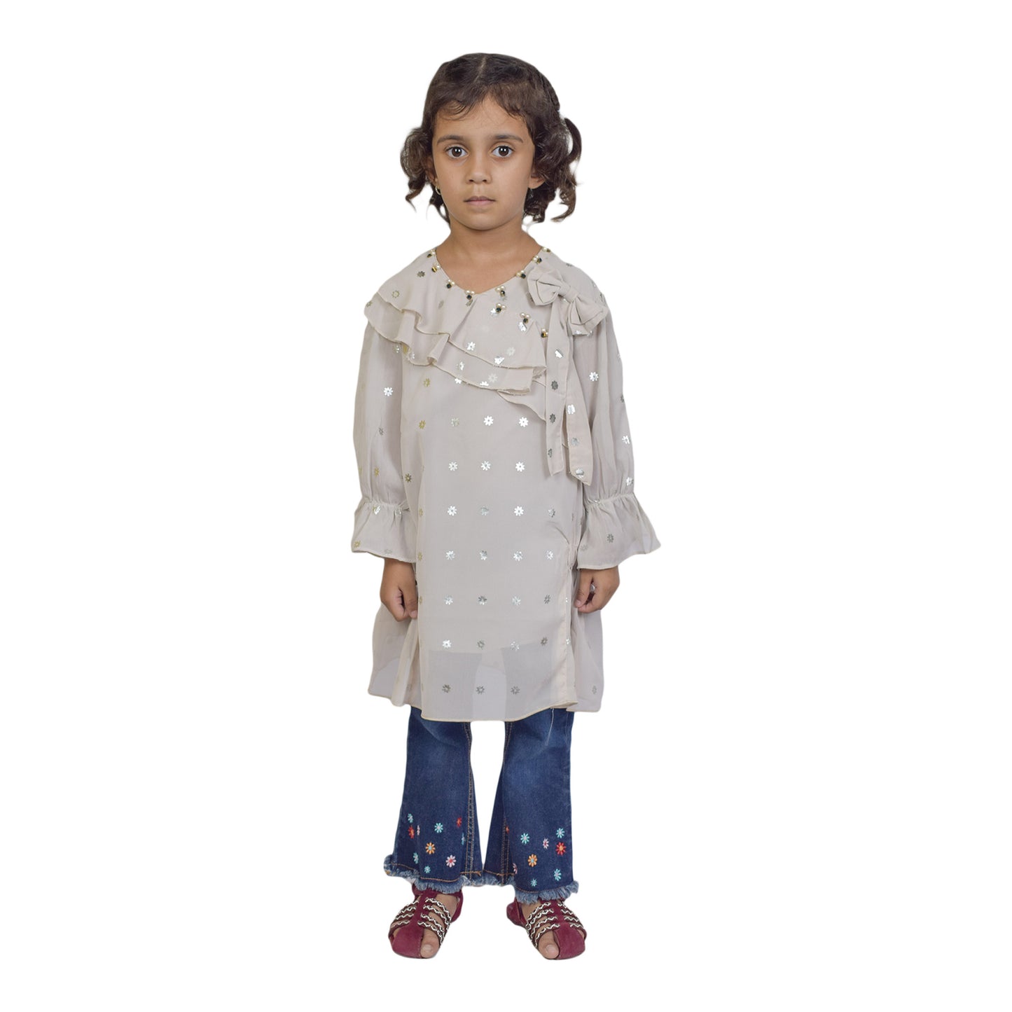 Girls Western Frocks Set with Star Sequin & Embroidered Blue Jeans