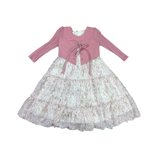 Girls White Cotton Frock with Dark Pink Coati & Golden Floral Embroidery