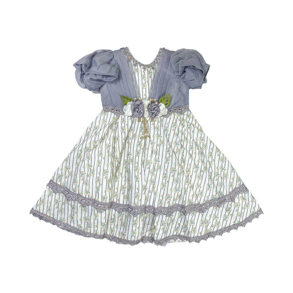 Girls White Cotton Frock with Yellow & Frost Blue Floral Design and Silver Net Shoulders