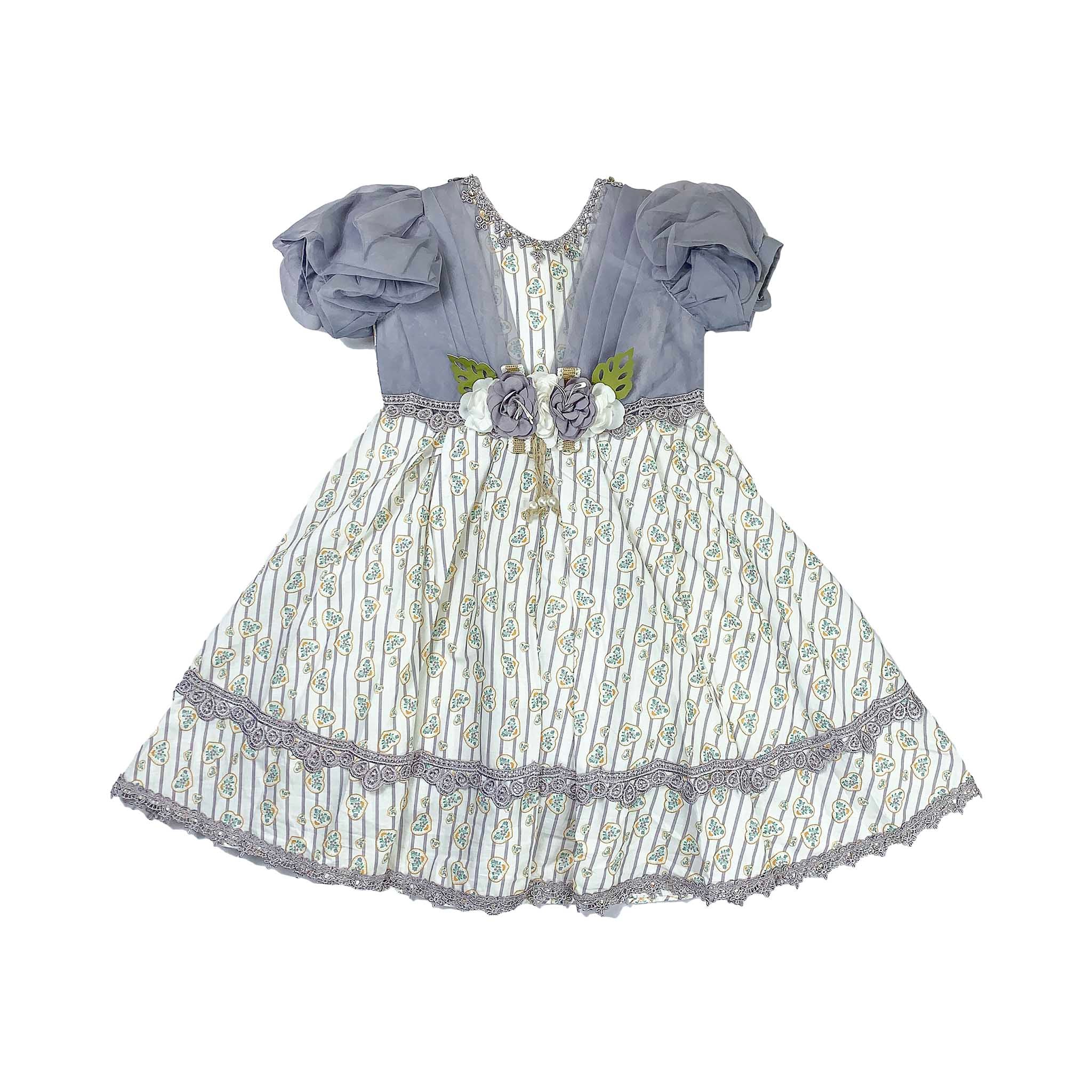 Girls White Cotton Frock with Yellow & Frost Blue Floral Design and Silver Net Shoulders