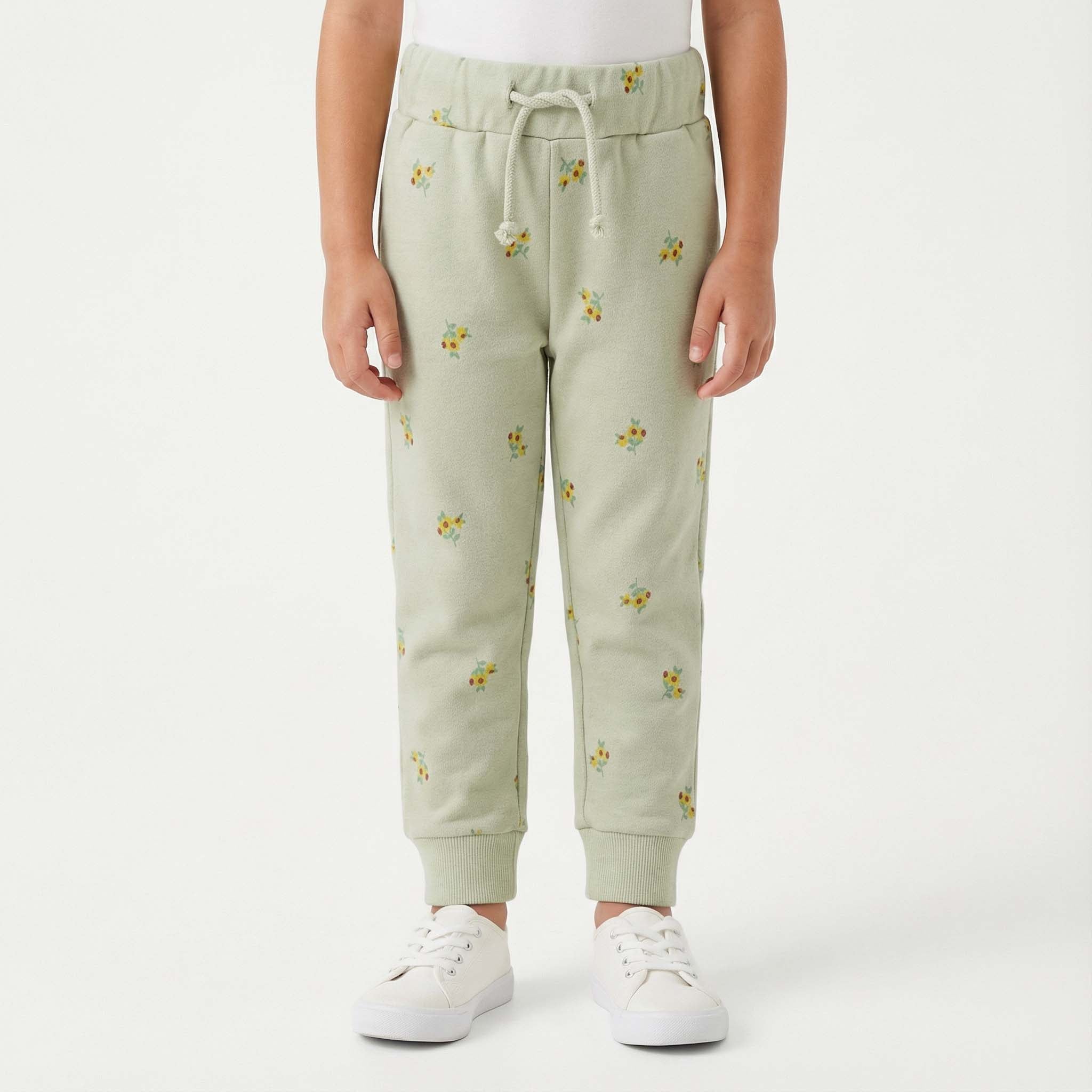 Girls Winter Fleece Trousers – Greenish White with Floral Design