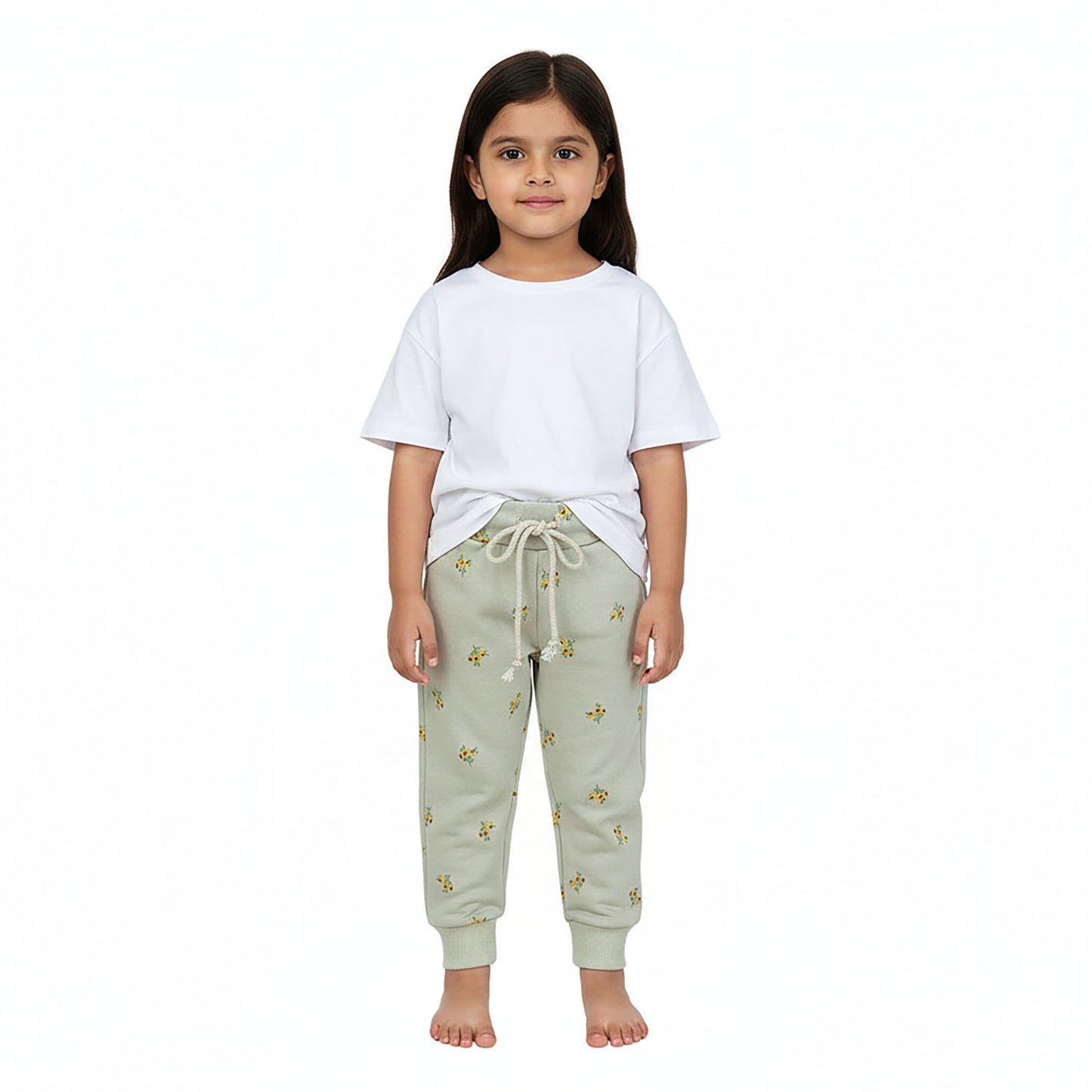 Girls Winter Fleece Trousers – Greenish White with Floral Design
