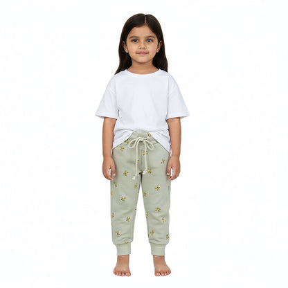 Girls Winter Fleece Trousers – Greenish White with Floral Design