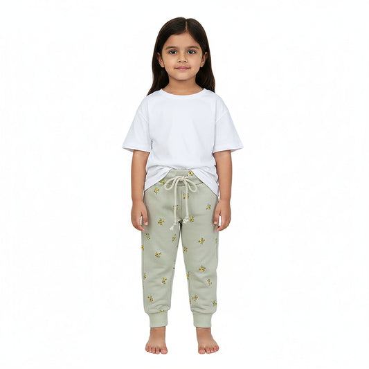 Girls Winter Fleece Trousers – Greenish White with Floral Design