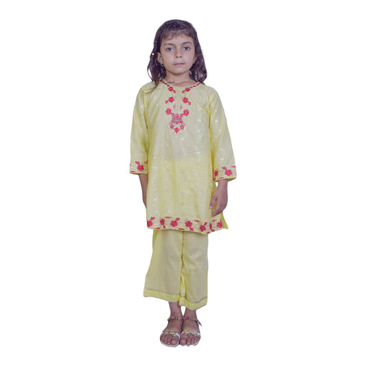 Girls Yellow Shalwar Kameez | Red & White Embroidered Festive Suit by Kidzaar