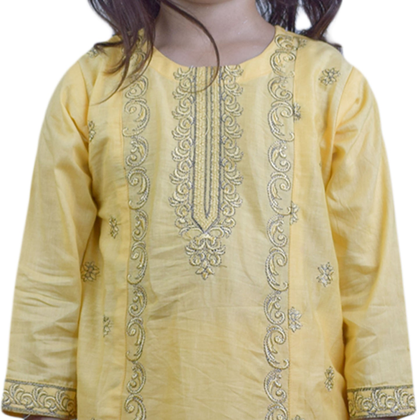 Girls Yellow Shalwar Kameez – Full Embroidered Design with Cuff Detailing | KidZaar