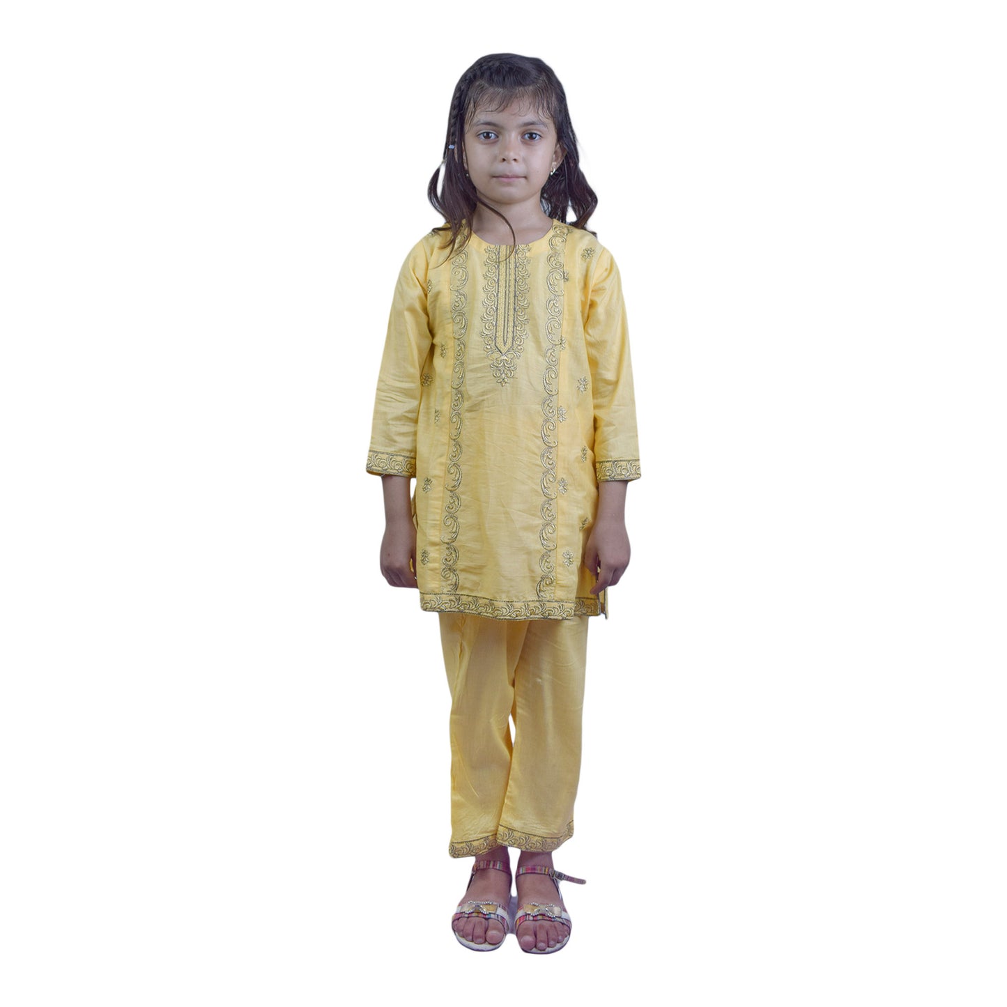 Girls Yellow Shalwar Kameez – Full Embroidered Design with Cuff Detailing | KidZaar